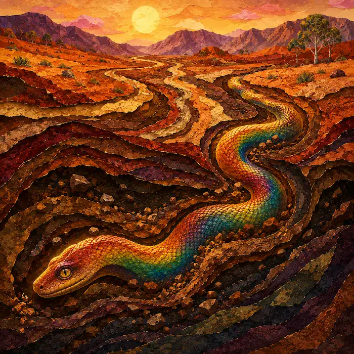 The Rainbow Serpent shapes hills, valleys and paths across the land