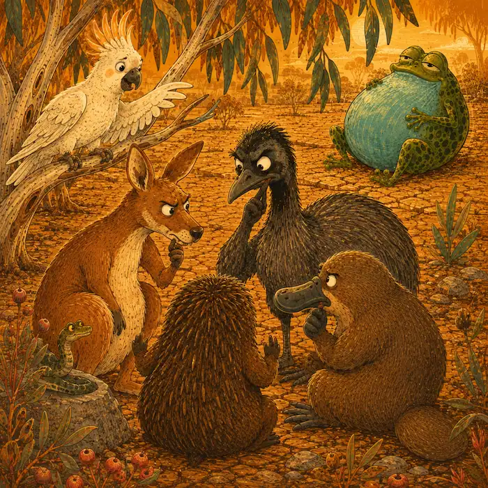 Australian animals gather in the dry bush while Tiddalik sits in the background