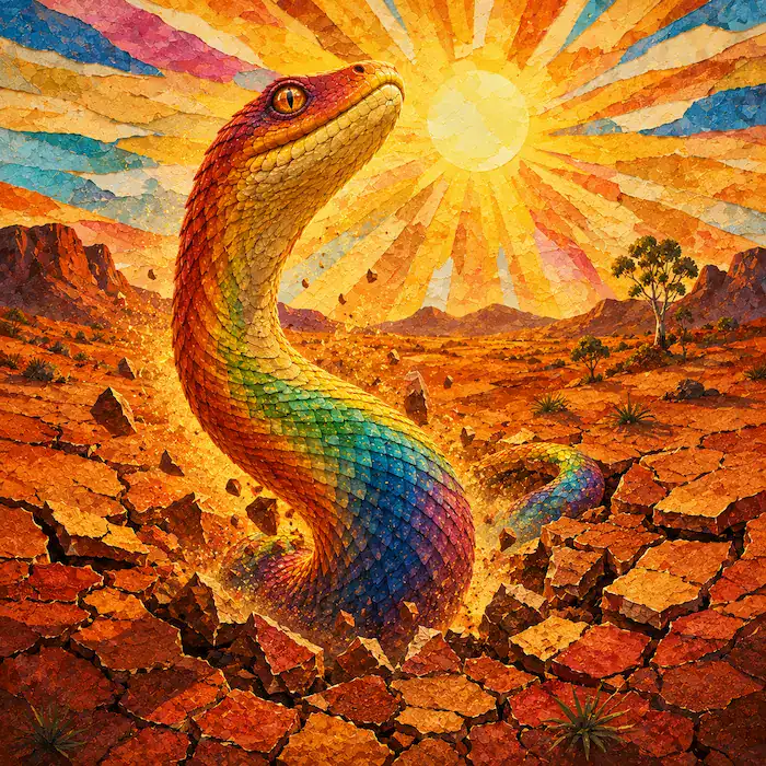 The Rainbow Serpent creates the first waterhole in the thirsty land