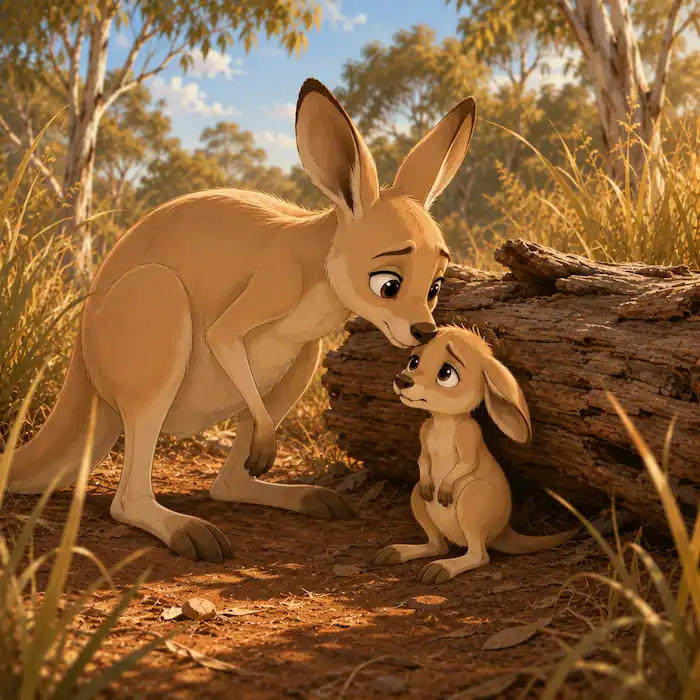 Kangaroo finding tired Joey beside a fallen tree