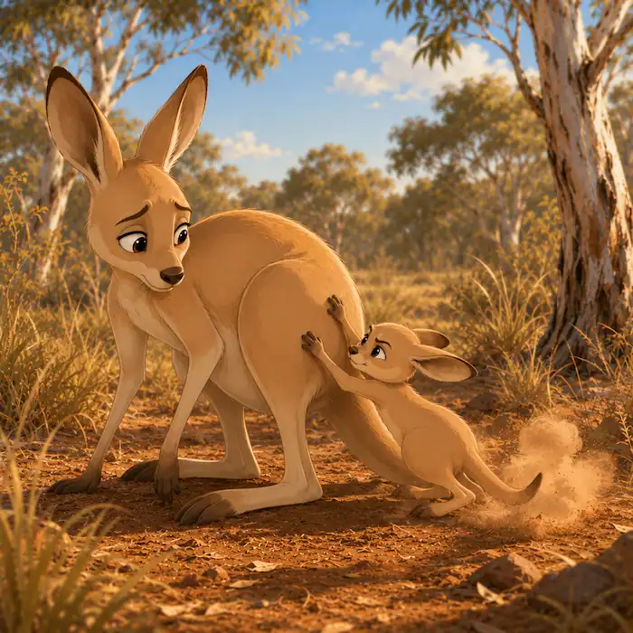 Joey trying to climb onto Kangaroo back and slipping down