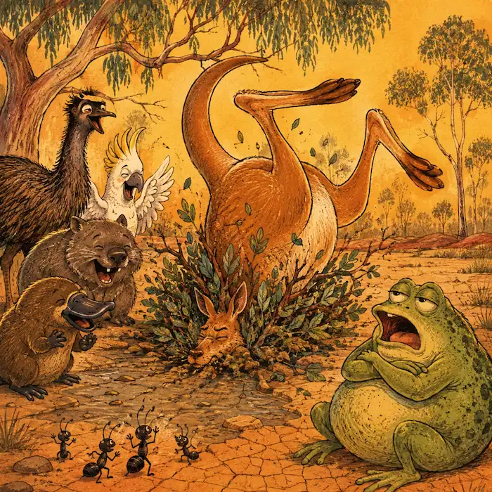 Kangaroo flips nose-first into a bush while the animals laugh and Tiddalik watches