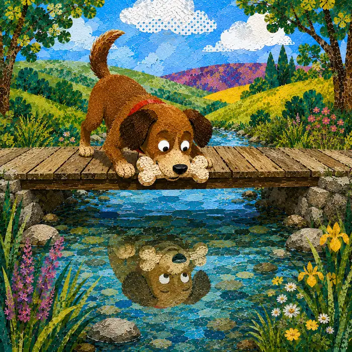 The dog drops his bone into the stream below the bridge