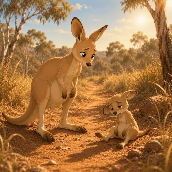 Kangaroo and Joey meeting the old wombat