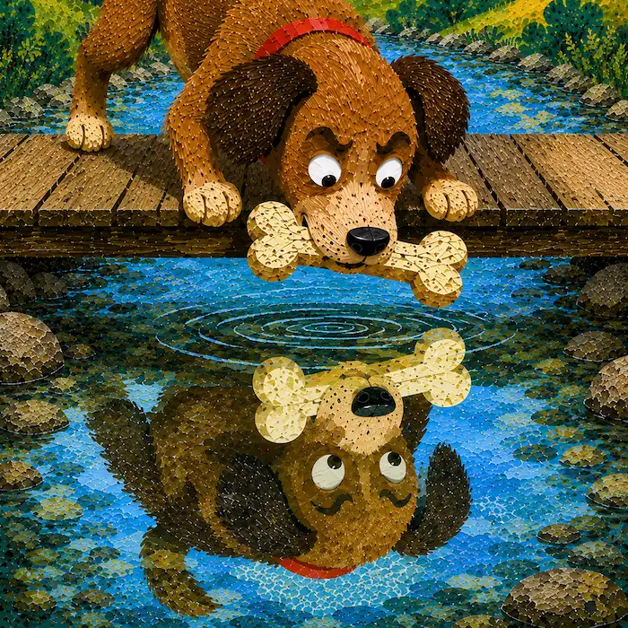 Ripples spread across the stream after Dog drops the bone