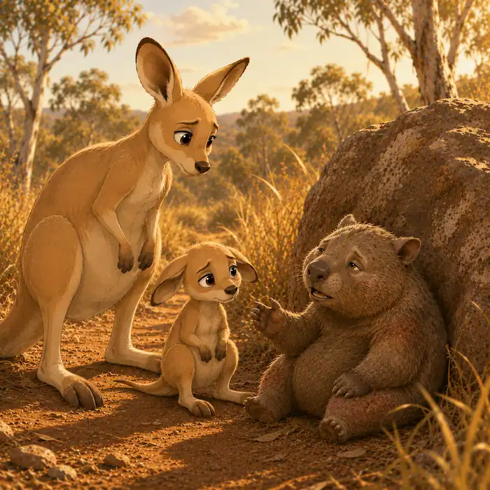Kangaroo helping the old wombat find water