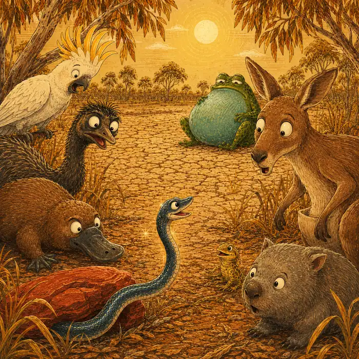 Platypus looks muddy near the animals while Tiddalik sits in the dry bush