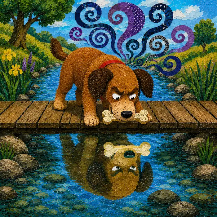 Dog looks sadly into the stream for his lost bone