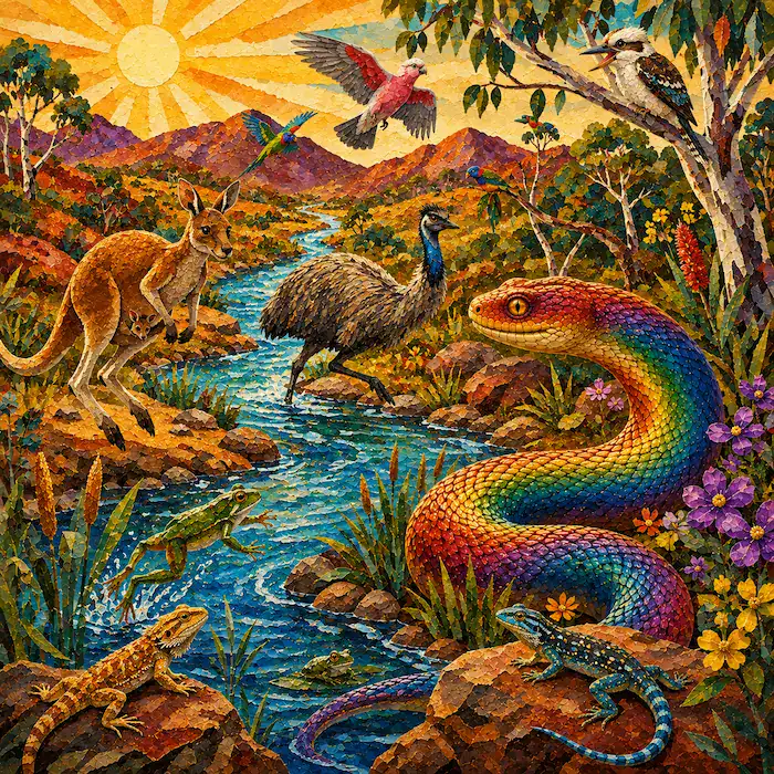 Kangaroo and Emu come to the new river in The Rainbow Serpent