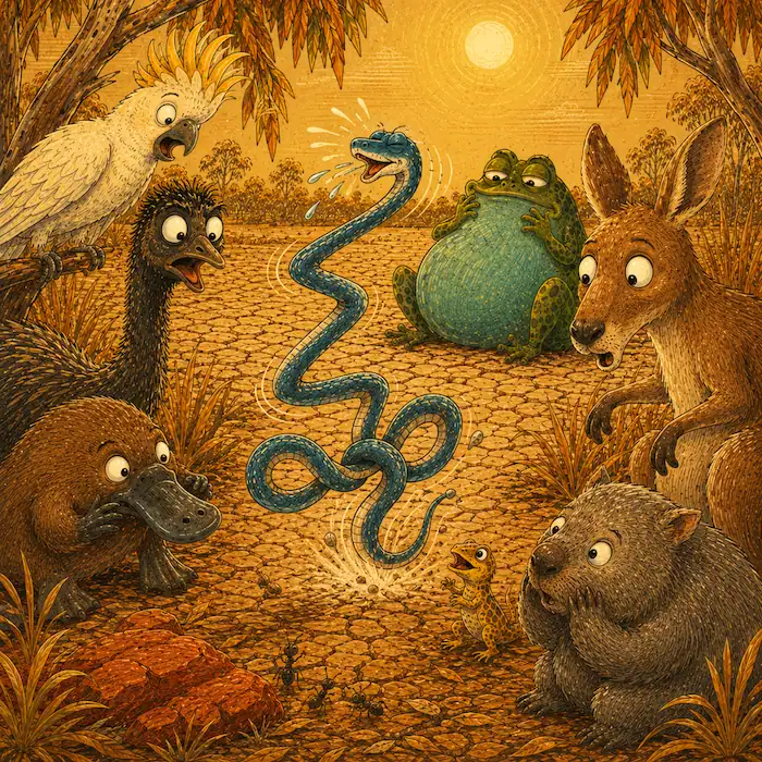 Snake twists and wriggles in front of Tiddalik while the animals watch