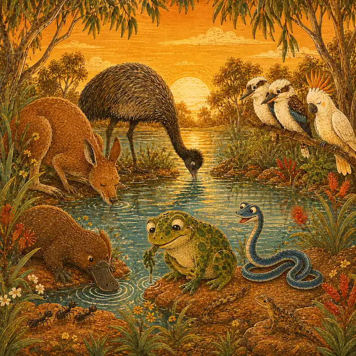 Australian animals drink at the full billabong after Tiddalik shares the water again