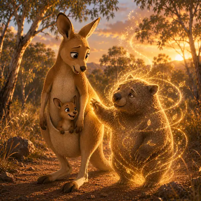 Kangaroo carrying Joey safely in her pouch under the bright blue sky