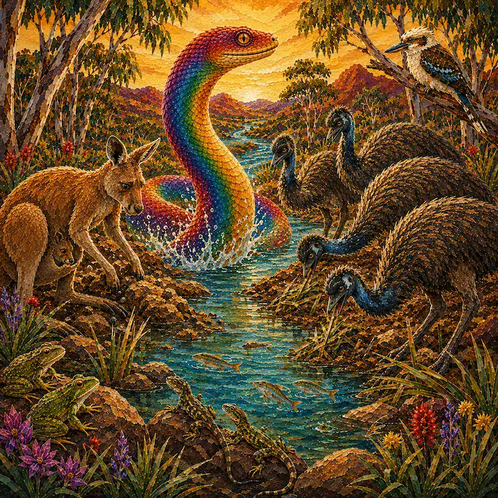 The animals repair the muddy waterhole and remember the Rainbow Serpent lesson