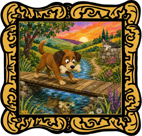 Audio cover showing Dog with a bone for The Dog and His Reflection read-aloud story