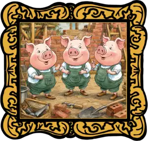The Three Little Pigs building the house made of brick. Three pigs standing surrounded by bricks, surrounded with a gold frame
