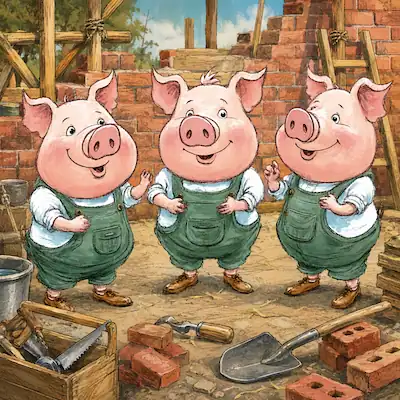 Three little pigs standing in a building site, surrounded by a half built house.