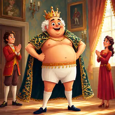 A portly emperor in white underpants and an ornate teal cape standing proudly in a palace - The Emperor's New Clothes