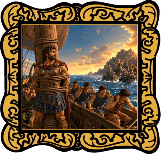Audio cover for Odysseus and the Sirens with Odysseus at the mast and sailors rowing
