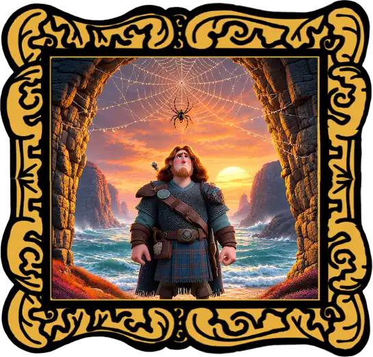 Robert the Bruce in a cave entrance, looking up at a spider making a web - Scottish Folktale