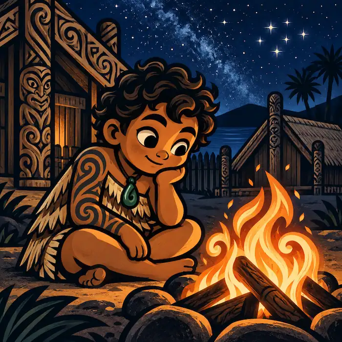Māui watches a cooking fire at night in this child-friendly Māori story