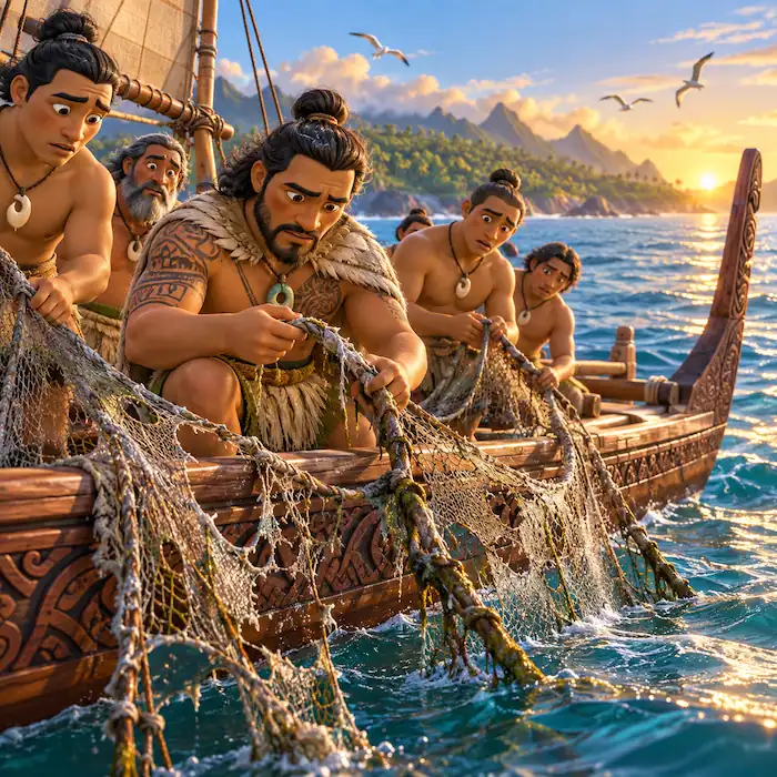 Māori fishermen haul a fishing net from a canoe in the waters of Hawaiki.\\