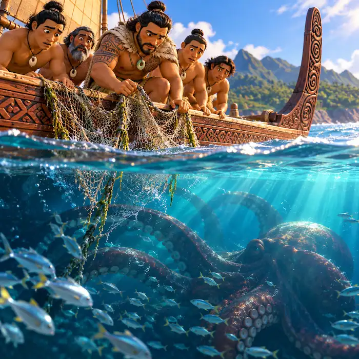 Kupe and fishermen look into clear water as the giant octopus moves beneath their canoe.\\