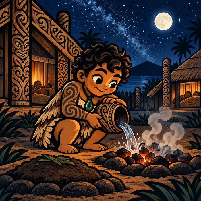 Māui pours water over glowing embers beside a village fire
