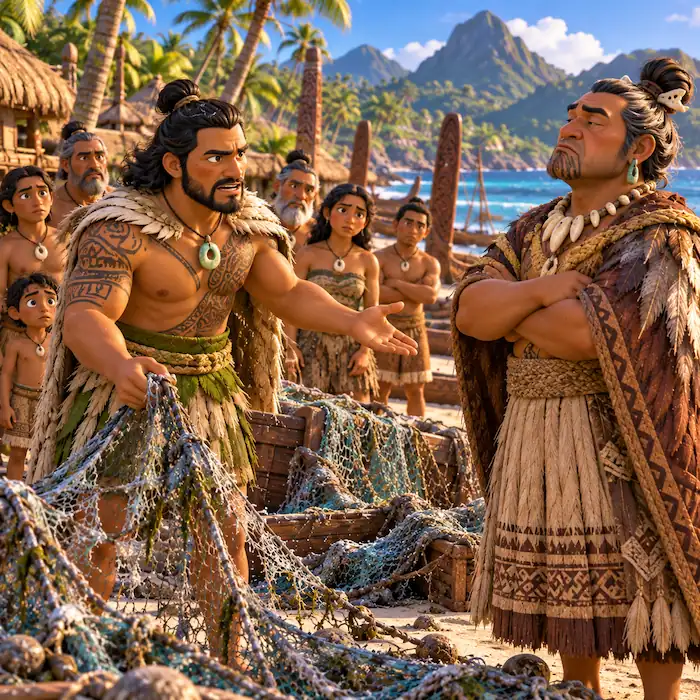 Kupe speaks to Muturangi beside fishing nets on the shore of Hawaiki.\\