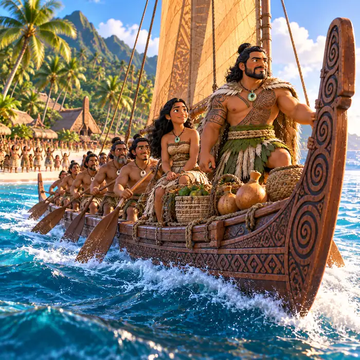 Kupe and his crew paddle their ocean-going canoe away from the shore of Hawaiki.\\