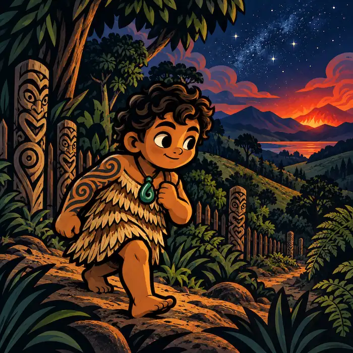 Māui follows the path toward the warm glow of Mahuika’s home