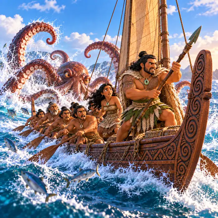 Kupe and his crew face the giant octopus as its tentacles rise around their canoe.\\