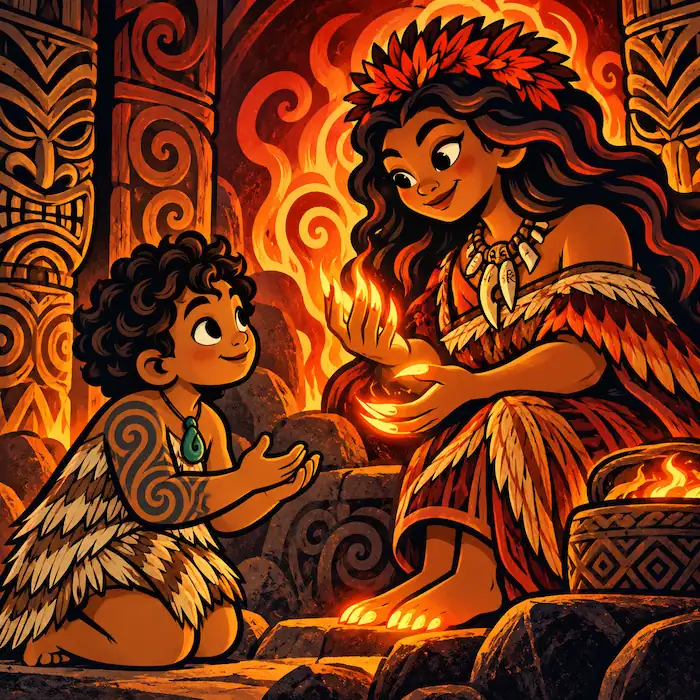 Mahuika offers Māui a small burning flame from her fiery nail