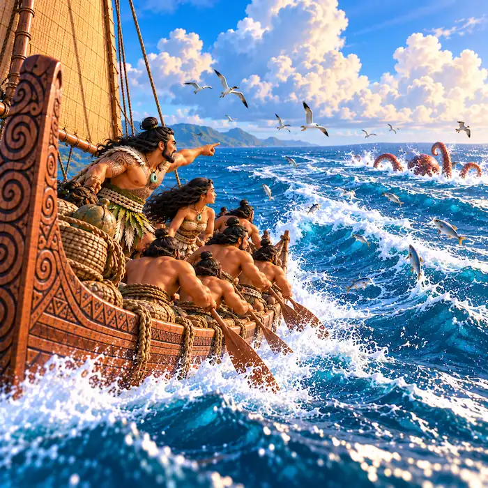 Kupe and his crew steer their canoe through rough ocean waves during the long chase.\\