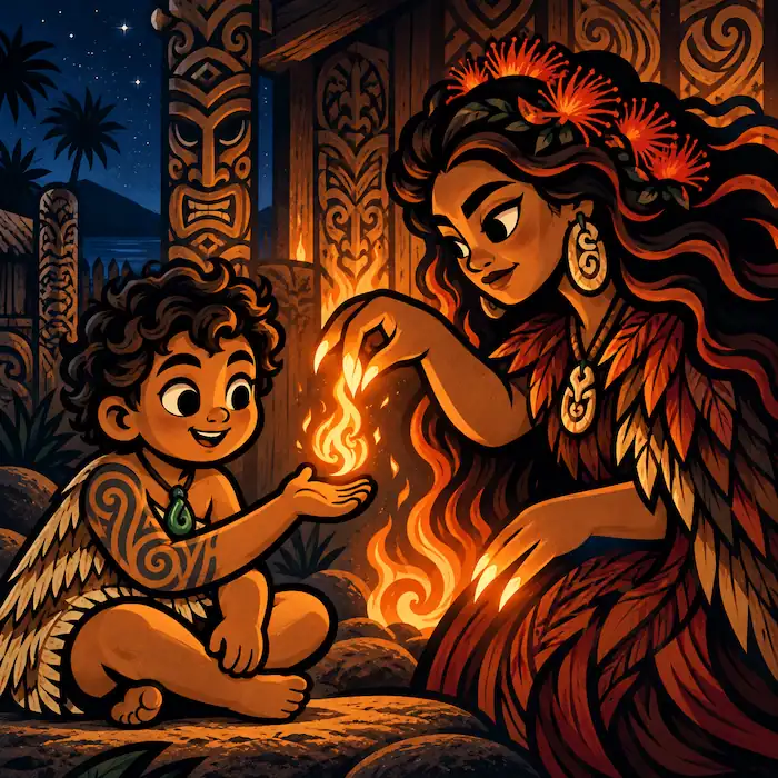 Māui accepts a glowing flame from Mahuika