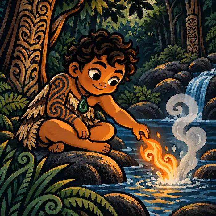 Māui drops the precious flame into a stream