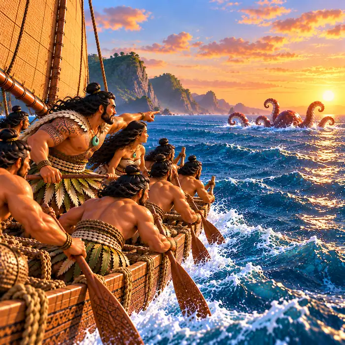 Kupe’s crew paddle toward the giant octopus as its tentacles rise from the sea at sunset.\\