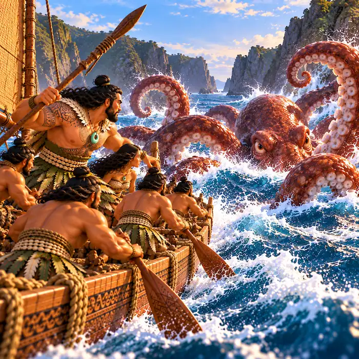 Kupe and his crew struggle to steer their canoe as the giant octopus surrounds it with tentacles.\\