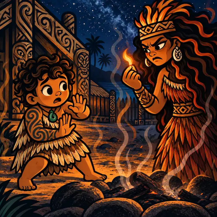 Mahuika looks angry after Māui wastes the flames she gave him