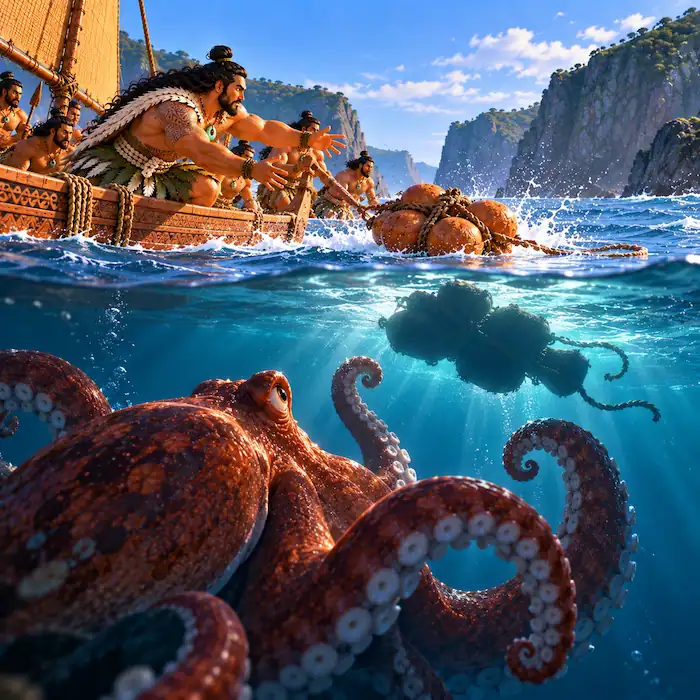 The giant octopus moves beneath Kupe’s canoe in clear coastal water.\\
