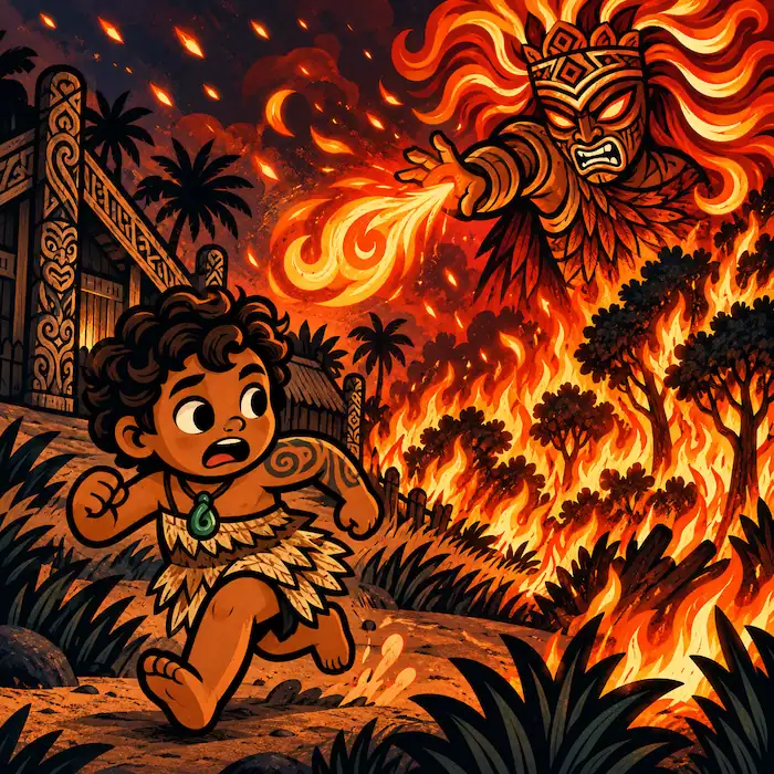 Māui runs as Mahuika’s fire races through the trees