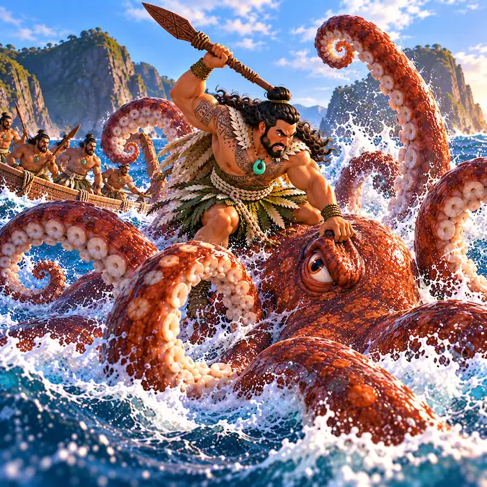 Kupe confronts the giant octopus in the sea as its tentacles curl around him.\\
