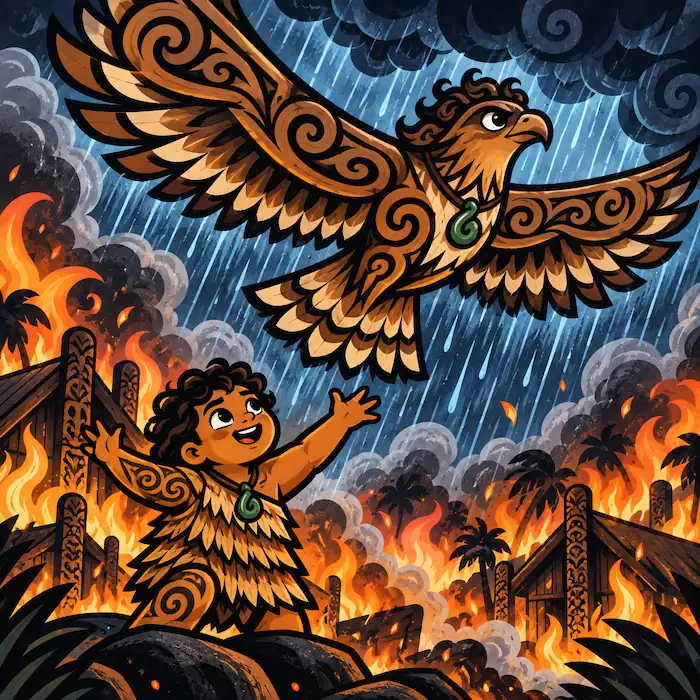 A hawk flies through rain above Māui as the fire is put out