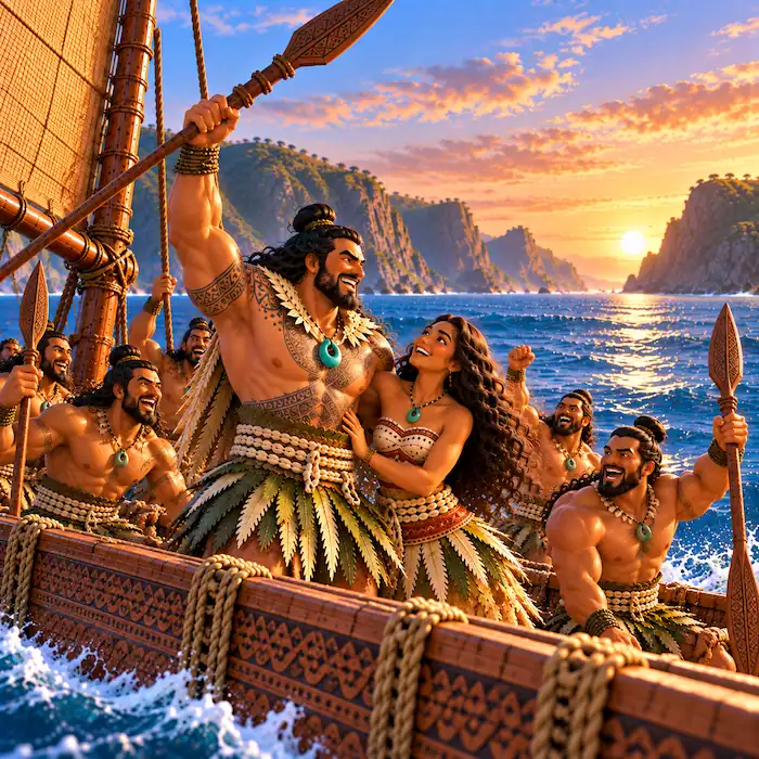 Kupe and his crew look toward the new shore from their canoe after the long ocean voyage.\\