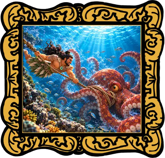 Kupe confronts the giant octopus underwater, shown within a decorative gold border.