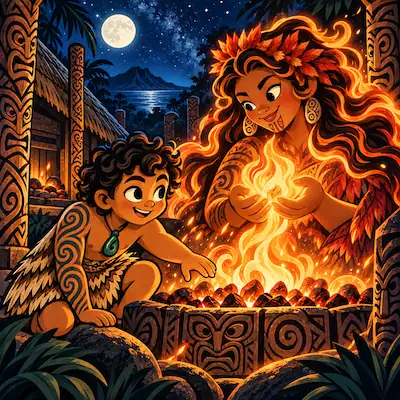 Māui watches a cooking fire beneath the night sky in this child-friendly Māori story