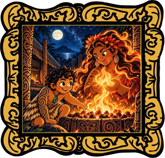 Listen-along cover illustration for How Māui Brought Fire to the World