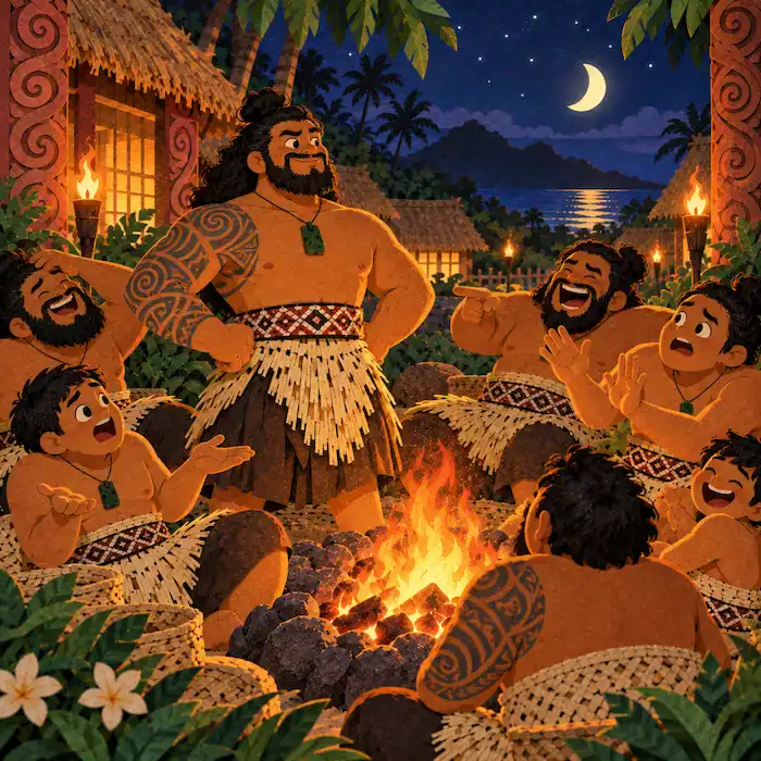 Māui and his brothers travel before dawn carrying the ropes
