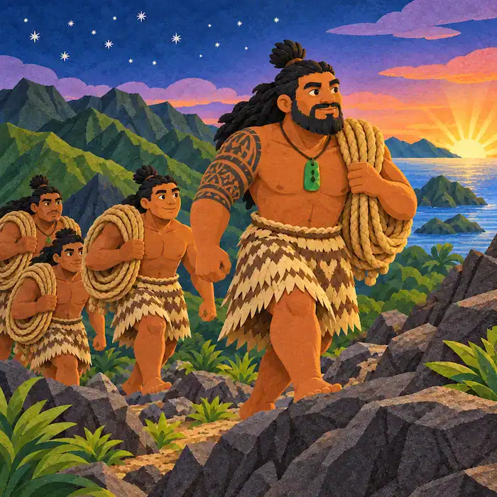 Māui faces the trapped Sun while his brothers hold the ropes
