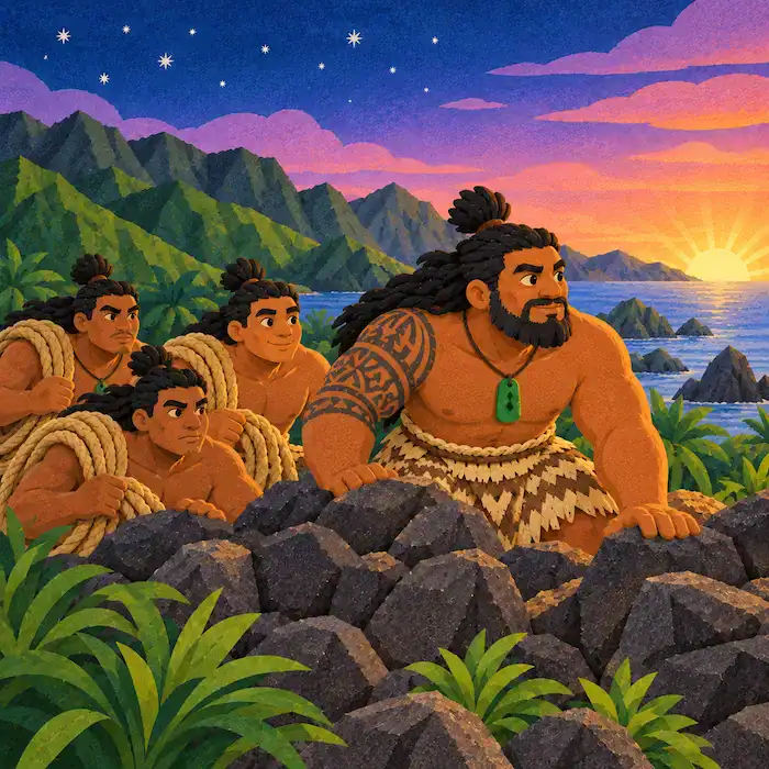 Māui raises the jawbone of his ancestor as the Sun struggles