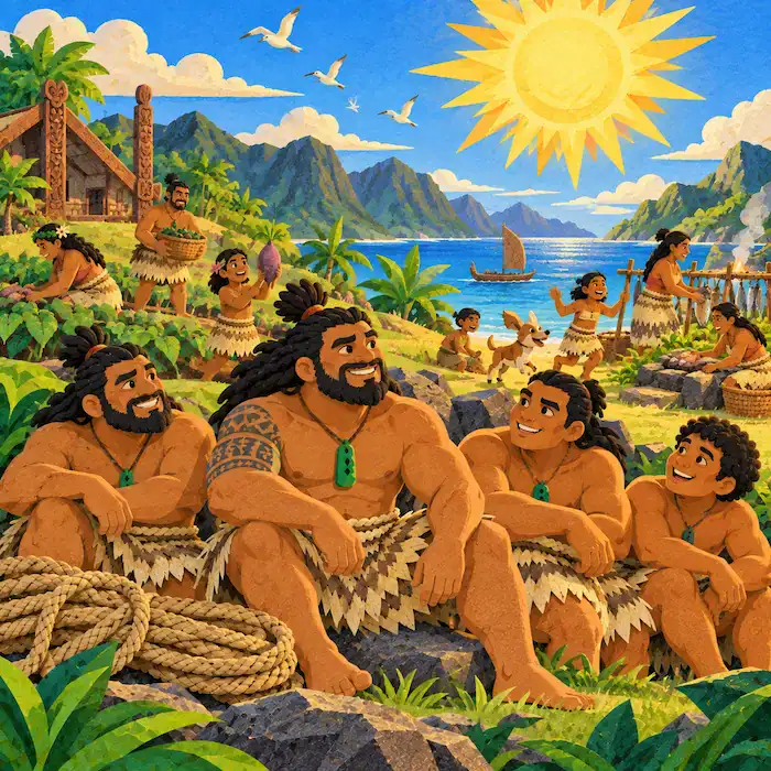 Māui and his brothers watch the Sun set slowly after their adventure